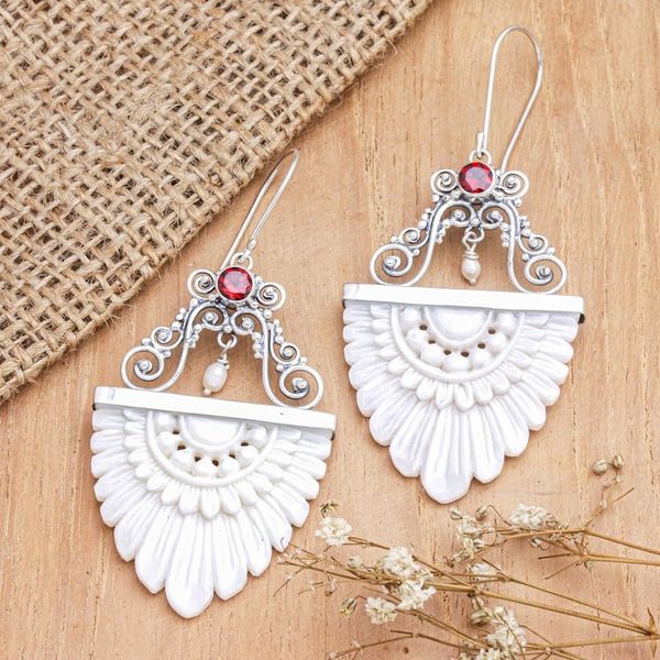 Alternate image for Cultured Pearl Garnet Sterling Silver Dangle Earrings Feather Love