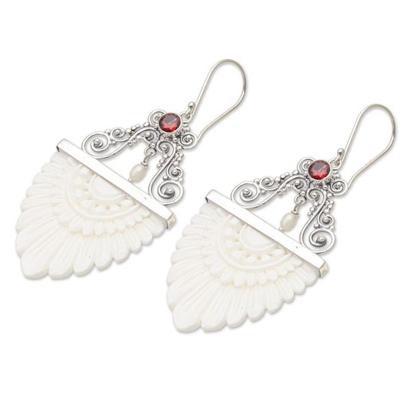 Alternate image for Cultured Pearl Garnet Sterling Silver Dangle Earrings Feather Love