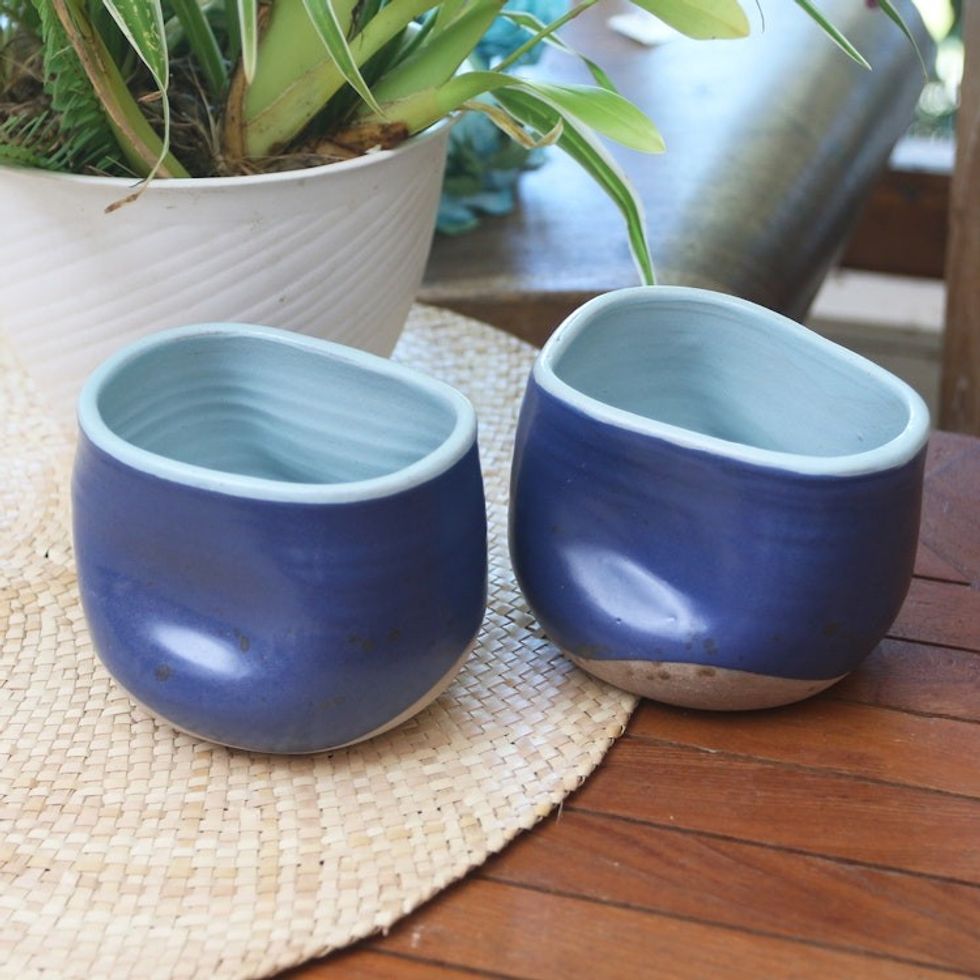 Blue Ceramic Teacups Pair 'Indigo Squeeze'