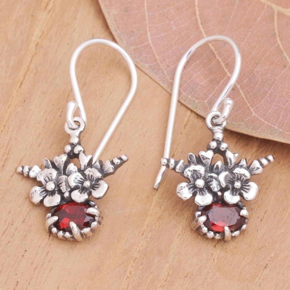 Floral Sterling Silver Dangle Earrings with Garnet Stones 'Red Flower Crown'