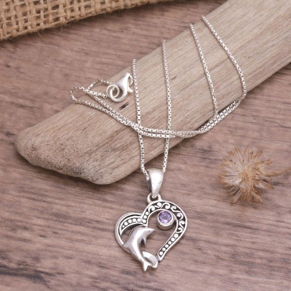 Alternate image for Balinese Amethyst Sterling Silver Dolphin Pendant Necklace Lovina Vibes in Purple