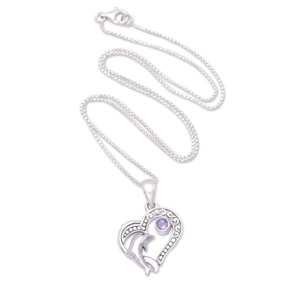 Alternate image for Balinese Amethyst Sterling Silver Dolphin Pendant Necklace Lovina Vibes in Purple