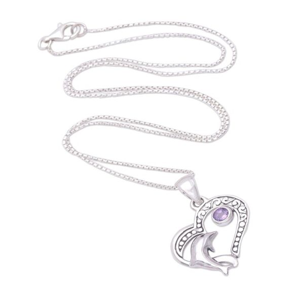 Alternate image for Balinese Amethyst Sterling Silver Dolphin Pendant Necklace Lovina Vibes in Purple