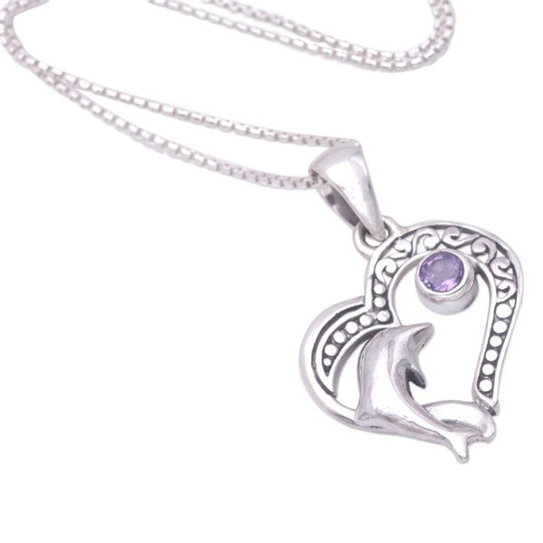 Alternate image for Balinese Amethyst Sterling Silver Dolphin Pendant Necklace Lovina Vibes in Purple