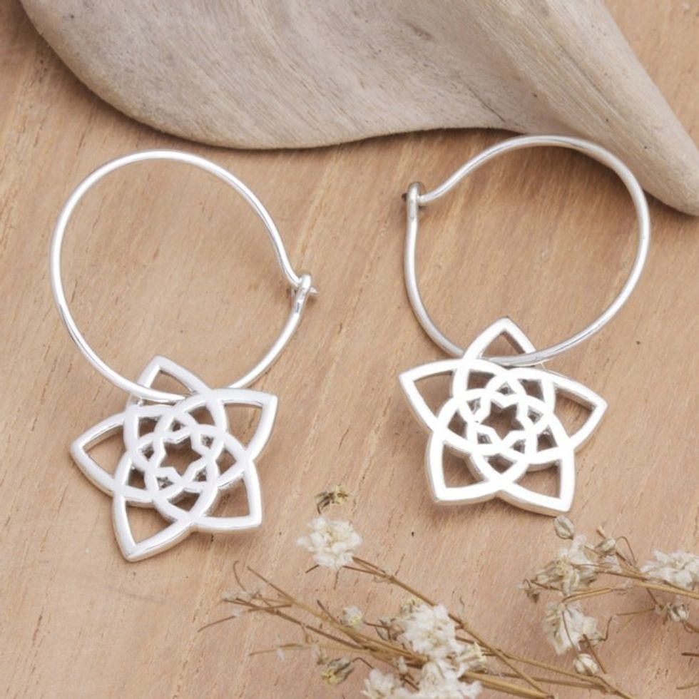 Geometric Floral Sterling Silver Hoop Earrings from Bali 'Starry Blossom'