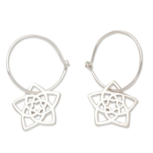 Alternate image for Geometric Floral Sterling Silver Hoop Earrings from Bali Starry Blossom