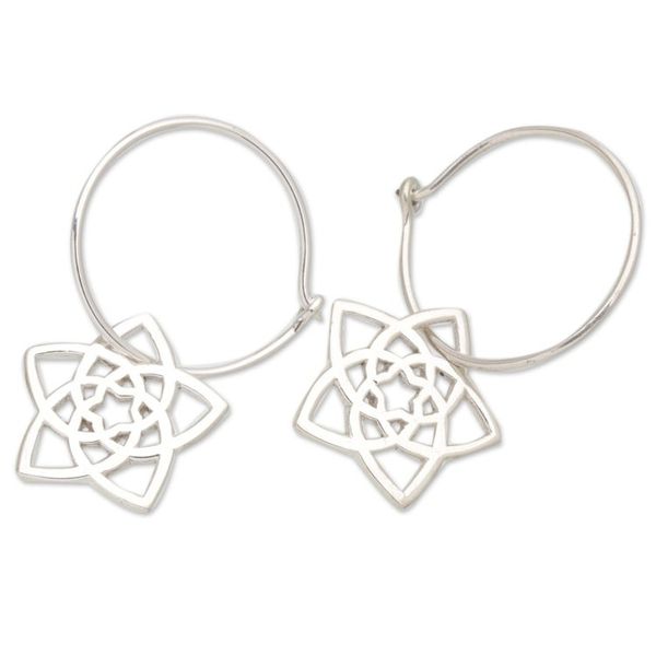 Alternate image for Geometric Floral Sterling Silver Hoop Earrings from Bali Starry Blossom