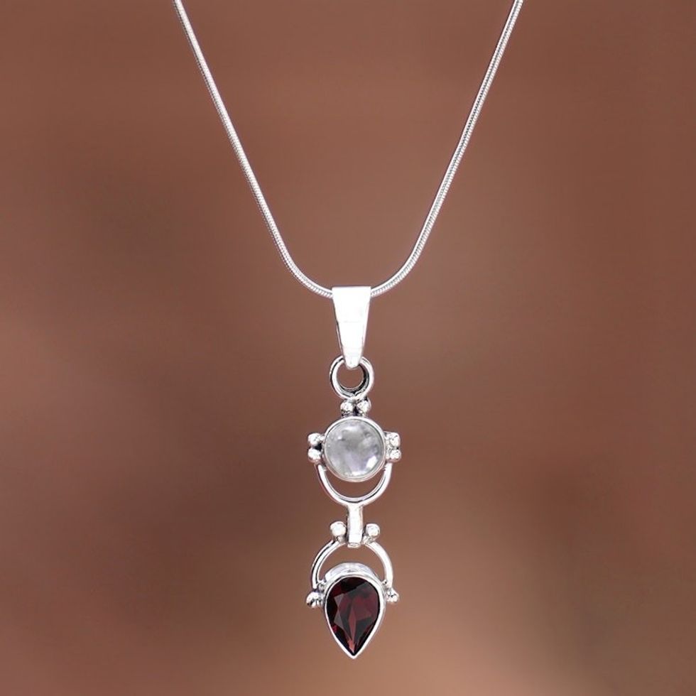 Garnet Rainbow Moonstone Sterling Silver Pendant Necklace 'Dear Younger Sister'