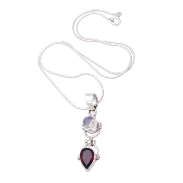 Alternate image for Garnet Rainbow Moonstone Sterling Silver Pendant Necklace Dear Younger Sister