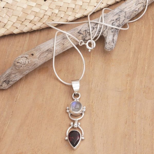 Alternate image for Garnet Rainbow Moonstone Sterling Silver Pendant Necklace Dear Younger Sister