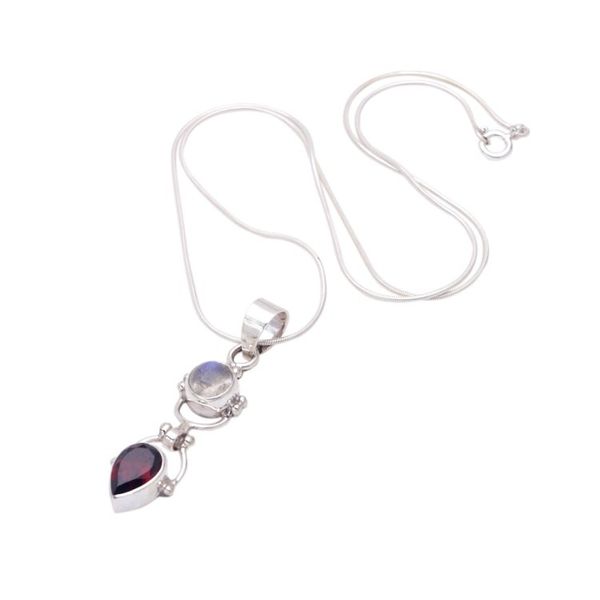 Alternate image for Garnet Rainbow Moonstone Sterling Silver Pendant Necklace Dear Younger Sister