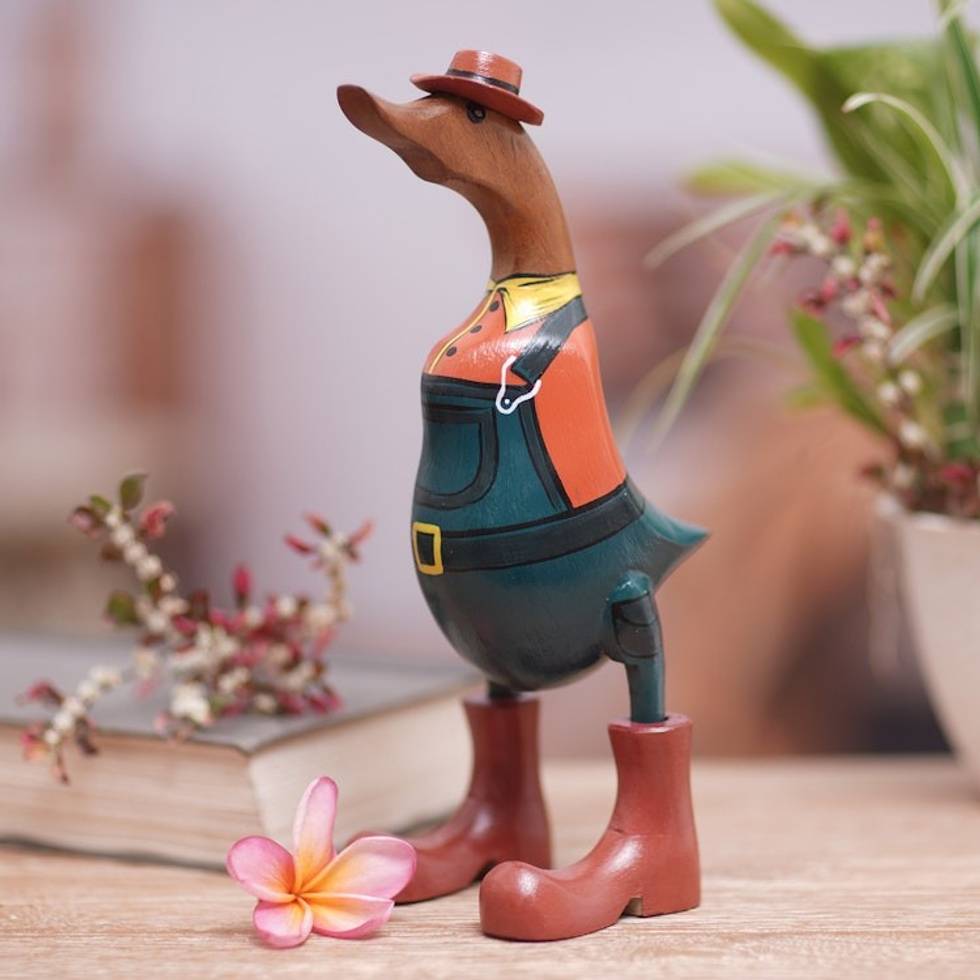 Hand-Crafted Bamboo Root and Teak Wood Farmer Duck Figurine 'Farmer Duck'