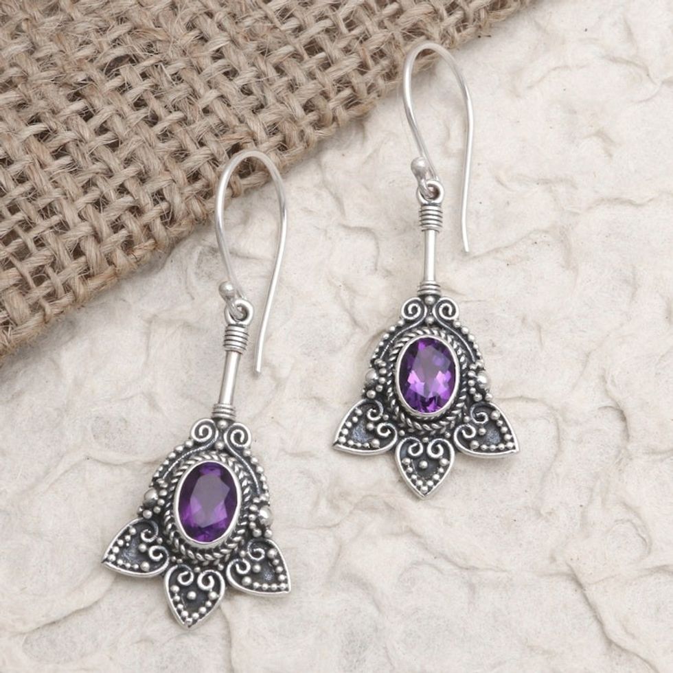 Balinese Sterling Silver and Amethyst Dangle Earrings 'Visionary Soul'