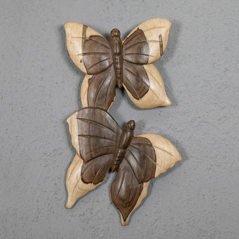 Balinese Hibiscus Wood Wall Art with Hand-Carved Butterflies 'Fly Butterfly'