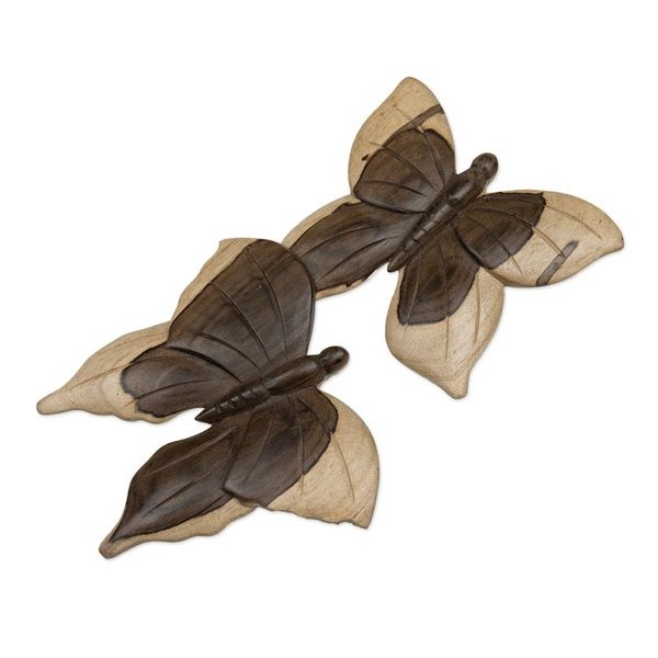 Alternate image for Balinese Hibiscus Wood Wall Art with Hand-Carved Butterflies Fly Butterfly