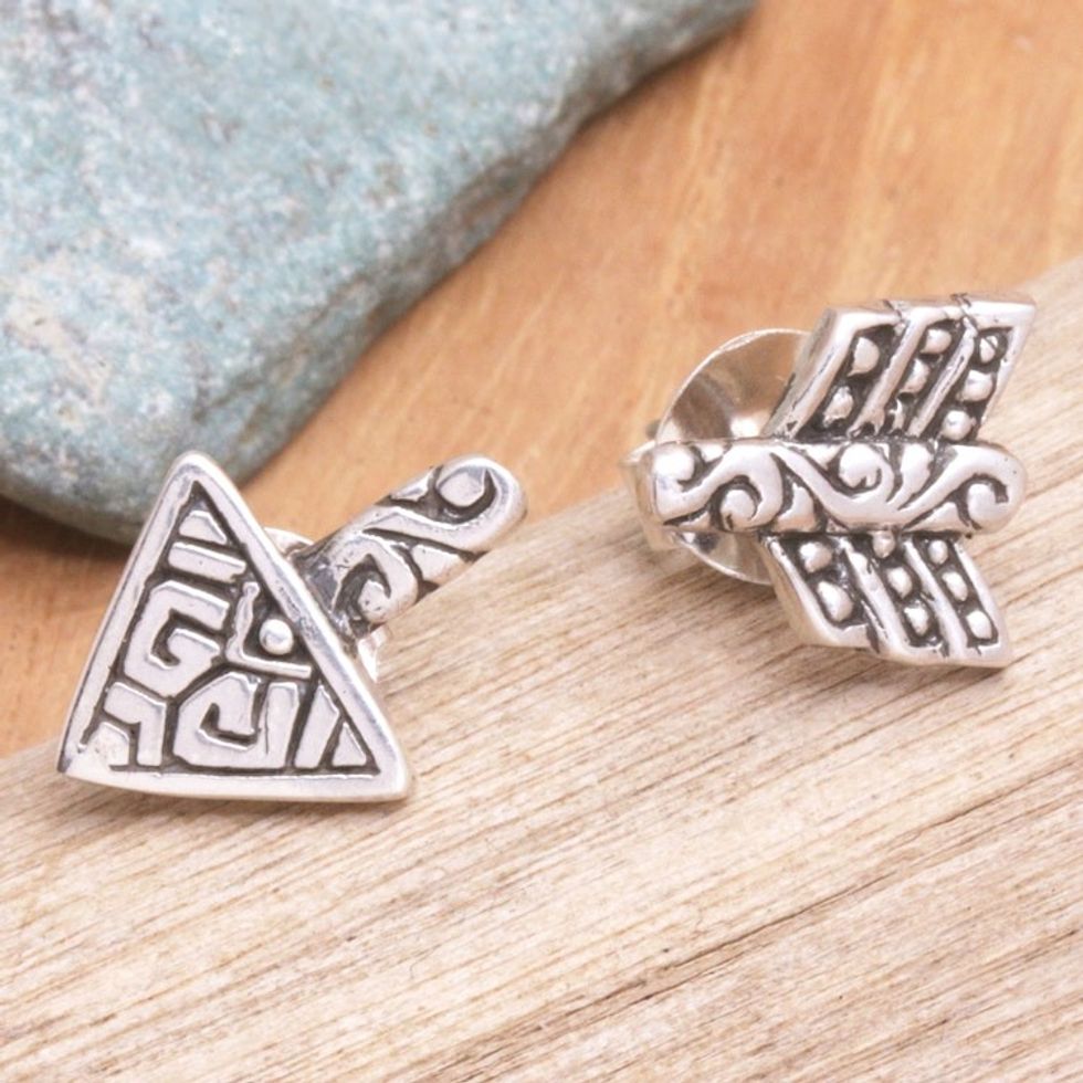 Sterling Silver Stud Earrings with Balinese Motifs 'Trouble Arrow'