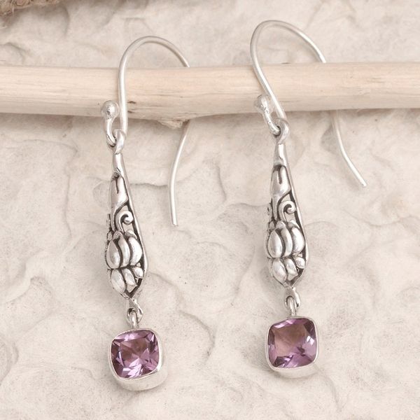 Alternate image for Sterling Silver and Amethyst Dangle Earrings from Bali Purple Burgeon Lotus