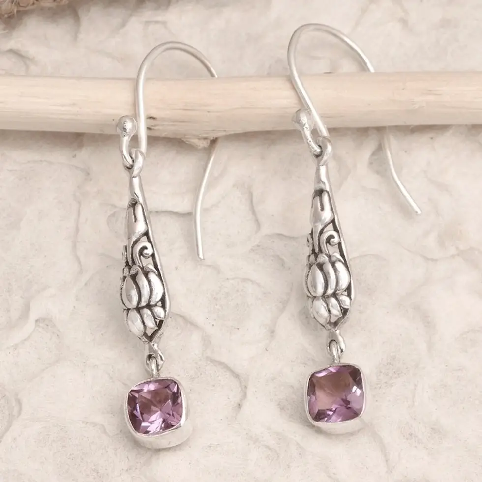 Sterling Silver and Amethyst Dangle Earrings from Bali 'Purple Burgeon Lotus'