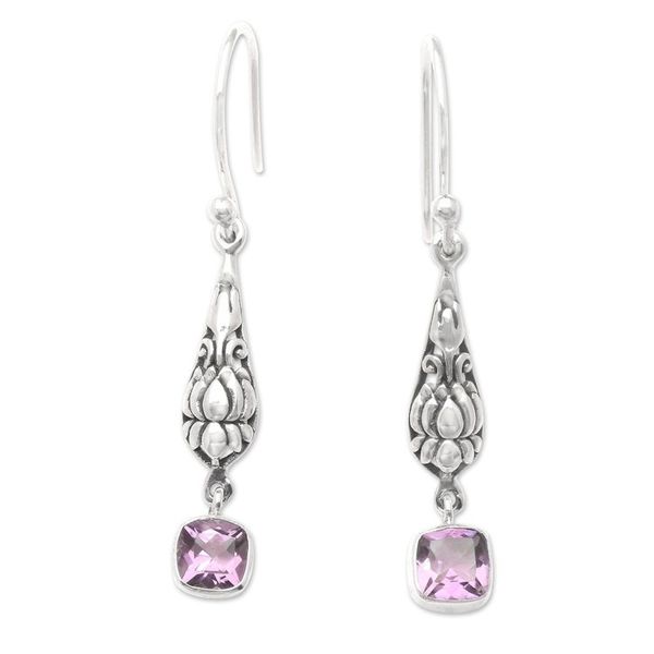 Alternate image for Sterling Silver and Amethyst Dangle Earrings from Bali Purple Burgeon Lotus