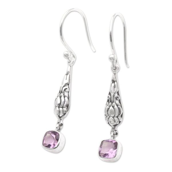 Alternate image for Sterling Silver and Amethyst Dangle Earrings from Bali Purple Burgeon Lotus