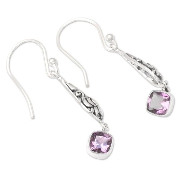 Alternate image for Sterling Silver and Amethyst Dangle Earrings from Bali Purple Burgeon Lotus