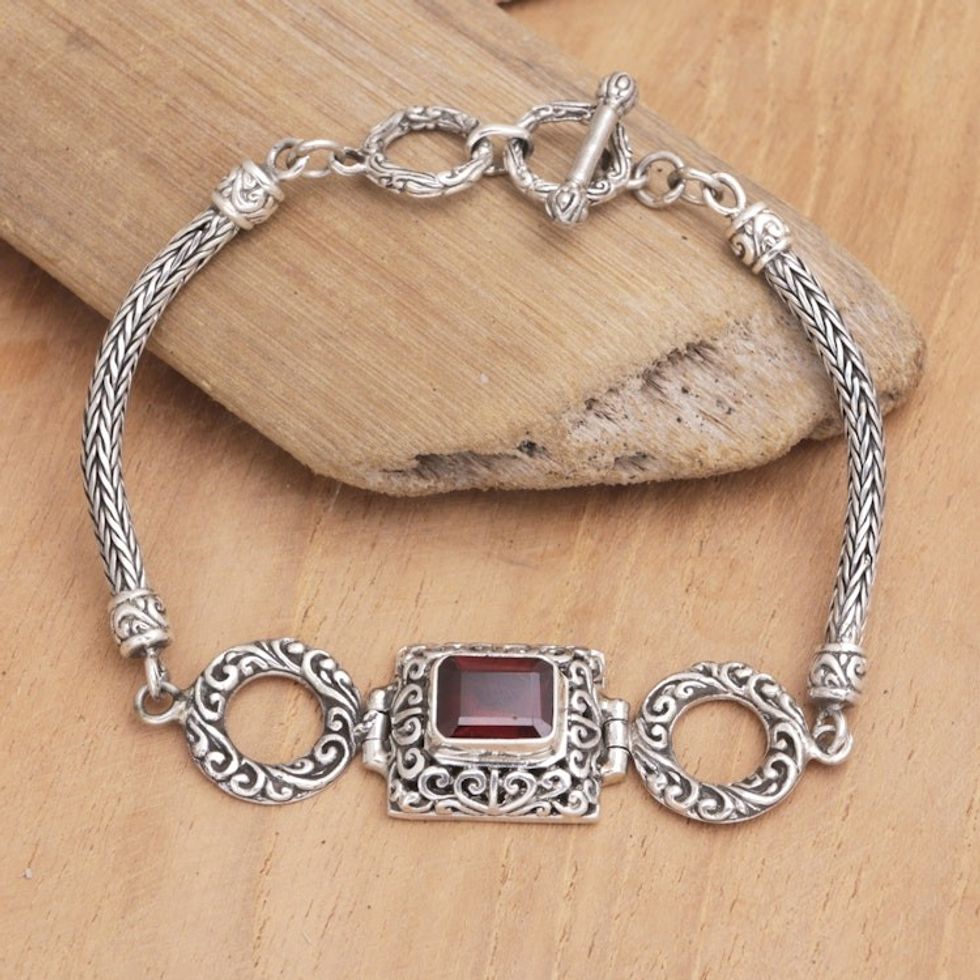 Sterling Silver and Garnet Pendant Bracelet Designed in Bali 'Two Ways Out'