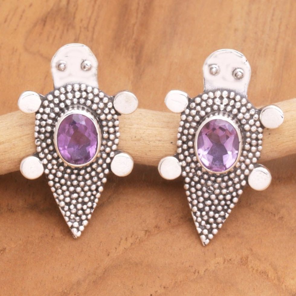 Sterling Silver Amethyst Tortoise Button Earrings 'Heaven's Purple Tortoise'