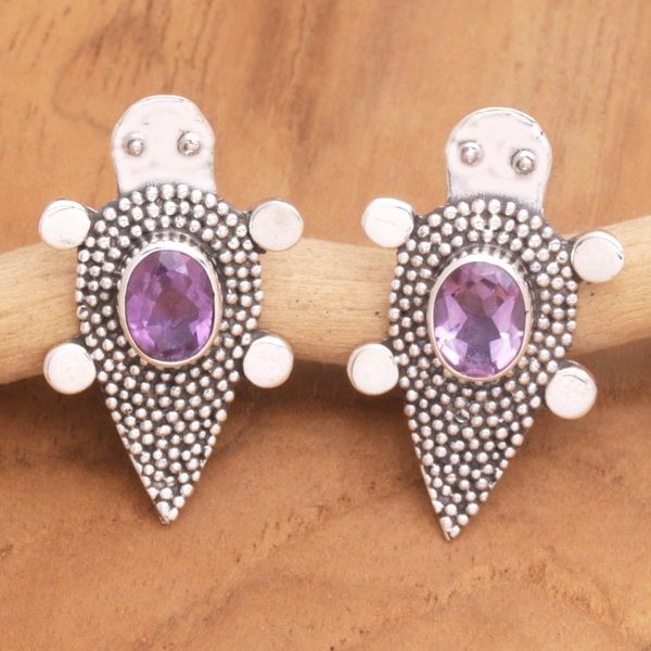 Alternate image for Sterling Silver Amethyst Tortoise Button Earrings Heavens Purple Tortoise