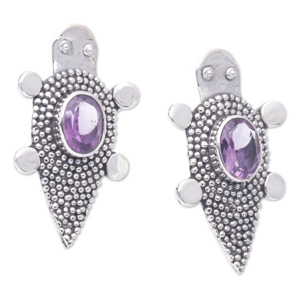 Alternate image for Sterling Silver Amethyst Tortoise Button Earrings Heavens Purple Tortoise