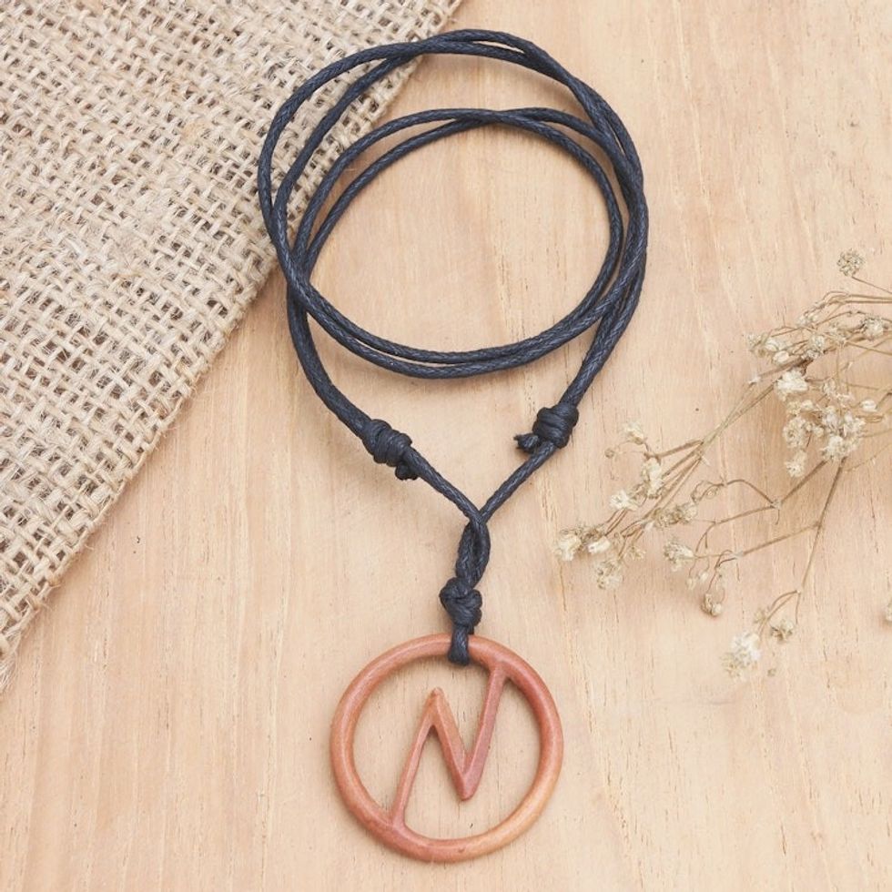 Men's Sawo Wood Bolt Pendant Necklace with Cotton Cord 'Balinese Bolt'