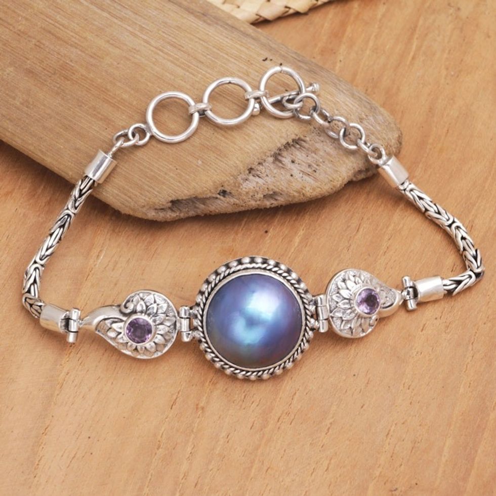 Blue Cultured Pearl and Amethyst Pendant Bracelet from Bali 'Eerie Sunflower'