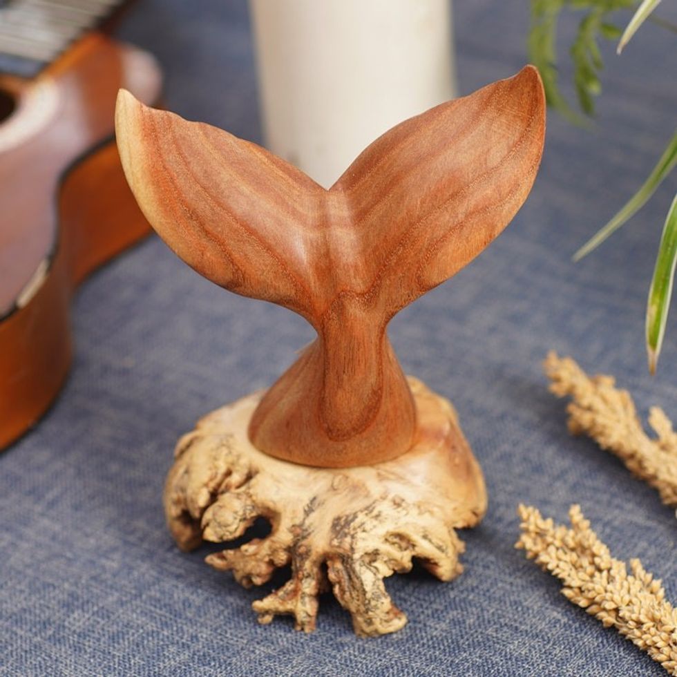 Hand-Carved Jempinis Wood Sculpture with Natural Base 'Dolphin Tail'