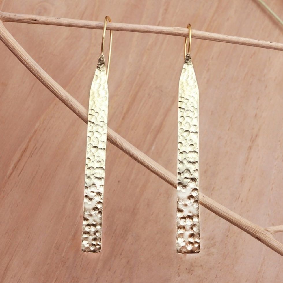 Gold-Plated Drop Earrings with Hammered Finish 'Wish You Were Here'