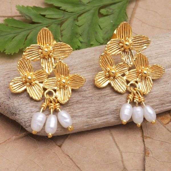 Alternate image for 22k Gold-Plated Dangle Earrings with Cultured Pearls Blooming Trinity