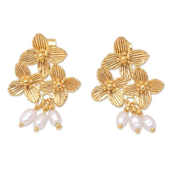 Alternate image for 22k Gold-Plated Dangle Earrings with Cultured Pearls Blooming Trinity
