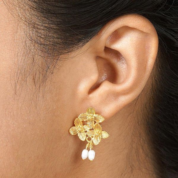 Alternate image for 22k Gold-Plated Dangle Earrings with Cultured Pearls Blooming Trinity