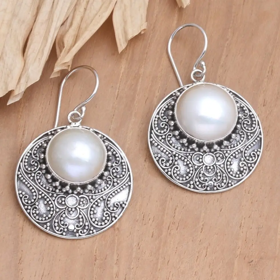 Balinese Sterling Silver Cultured Pearl Dangle Earrings 'Romance in Heaven'