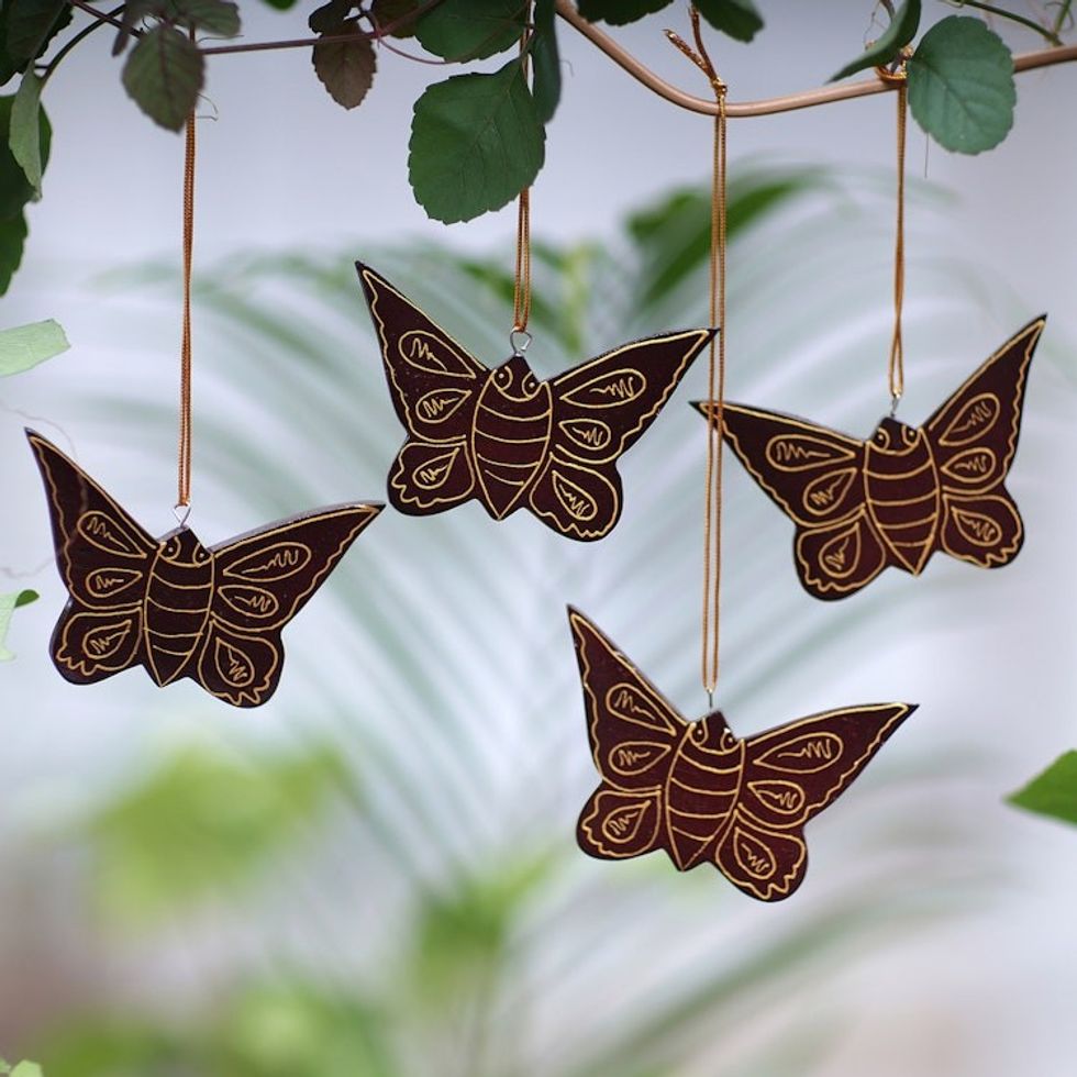 Set of 4 Mahogany Wood Butterfly Ornaments from Bali 'Charmed Butterflies'