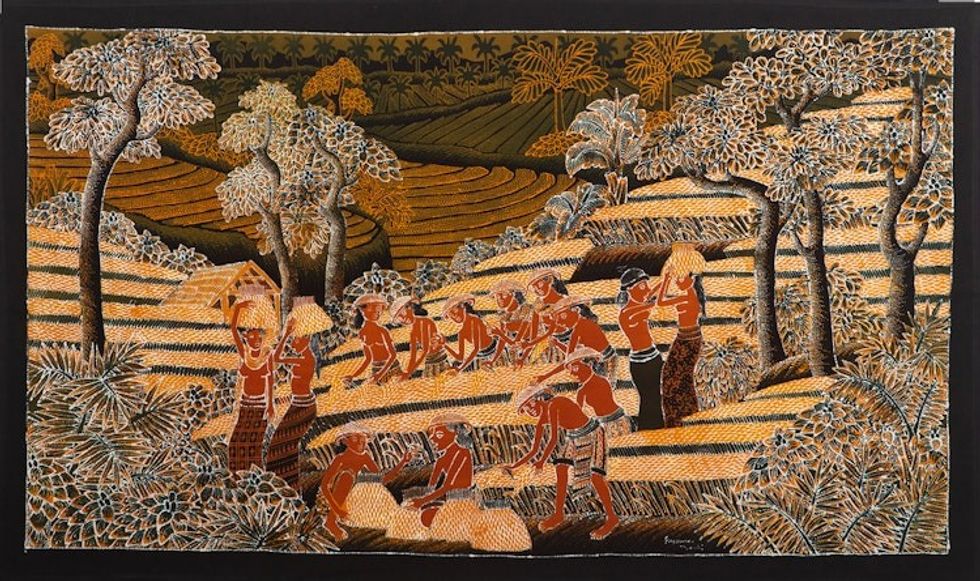 Unique Cotton Batik Rice Harvest Painting 'Bali Harvest Time'