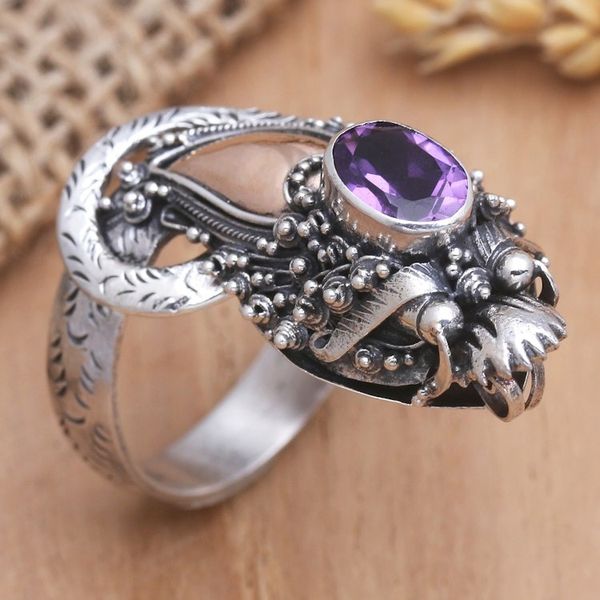 Alternate image for Handmade Balinese Dragon Gold Accent Amethyst Cocktail Ring Basuki Mini in Purple
