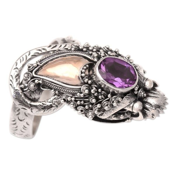 Alternate image for Handmade Balinese Dragon Gold Accent Amethyst Cocktail Ring Basuki Mini in Purple