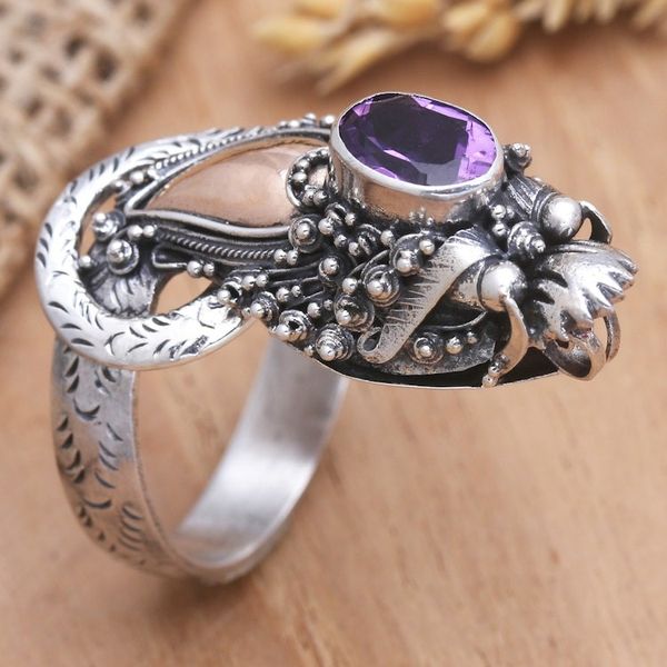 Alternate image for Handmade Balinese Dragon Gold Accent Amethyst Cocktail Ring Basuki Mini in Purple