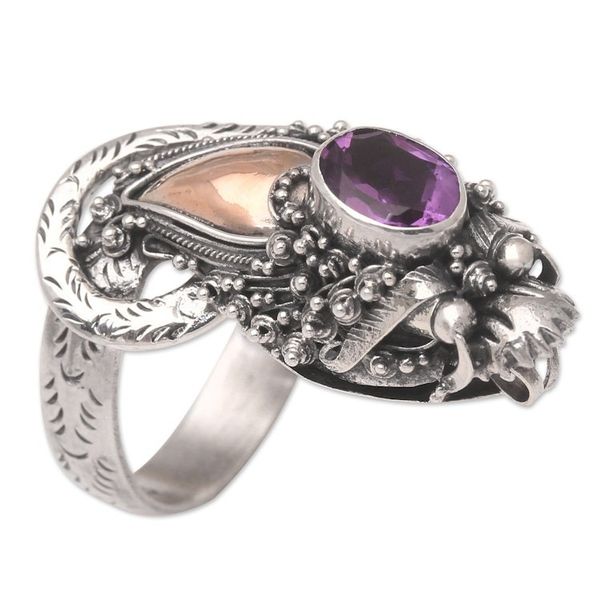 Alternate image for Handmade Balinese Dragon Gold Accent Amethyst Cocktail Ring Basuki Mini in Purple