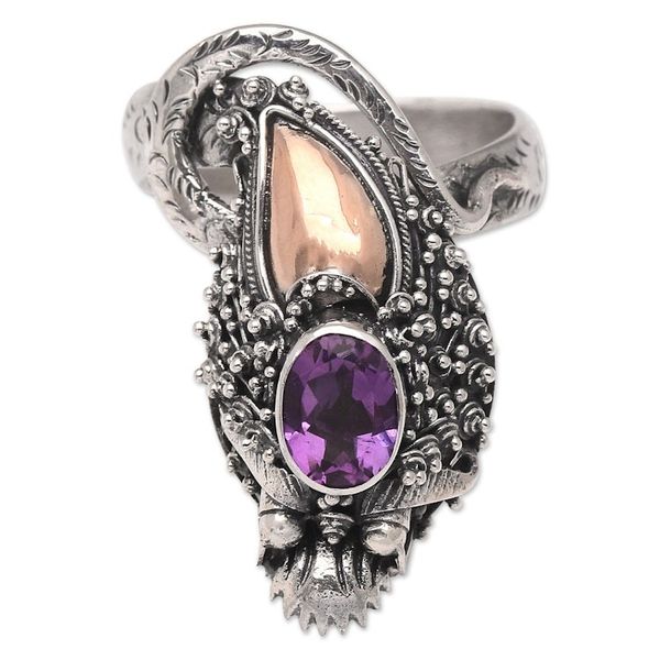 Alternate image for Handmade Balinese Dragon Gold Accent Amethyst Cocktail Ring Basuki Mini in Purple