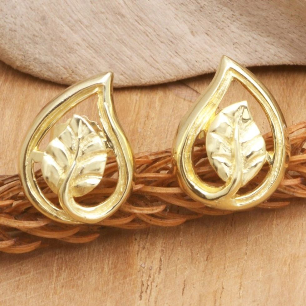 18k Gold-Plated Button Earrings with Leafy Motifs 'Forest Spark'