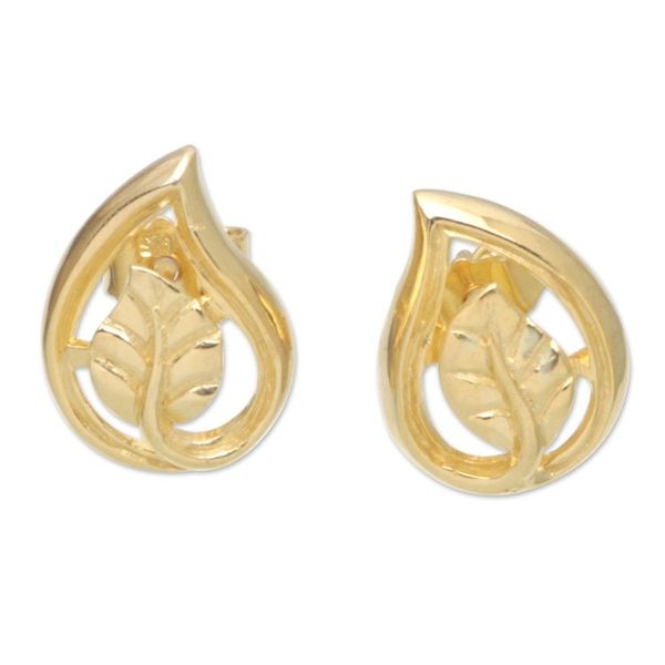 Alternate image for 18k Gold-Plated Button Earrings with Leafy Motifs Forest Spark