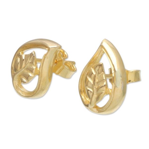 Alternate image for 18k Gold-Plated Button Earrings with Leafy Motifs Forest Spark