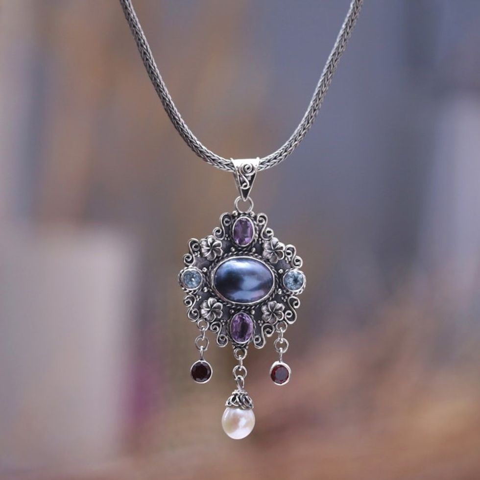Balinese Multi-Gemstone Sterling Silver Pendant Necklace 'Balinese Blooms'