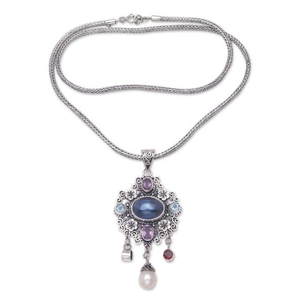 Alternate image for Balinese Multi-Gemstone Sterling Silver Pendant Necklace Balinese Blooms