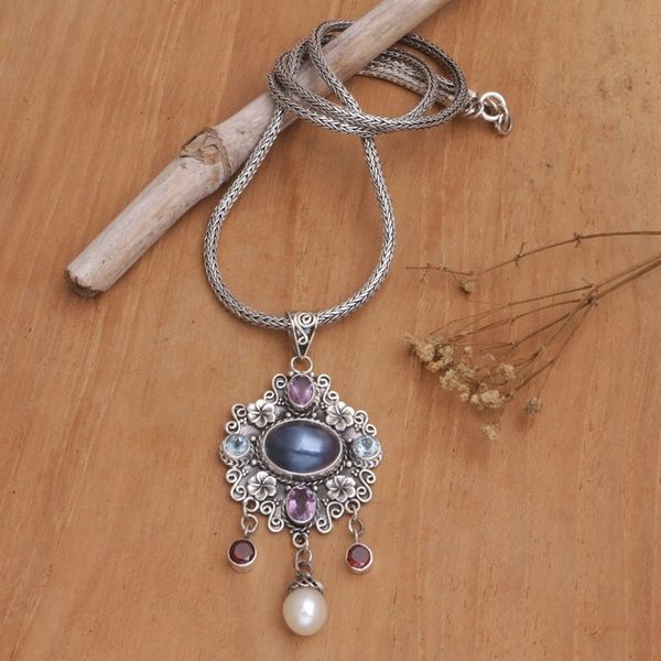 Alternate image for Balinese Multi-Gemstone Sterling Silver Pendant Necklace Balinese Blooms
